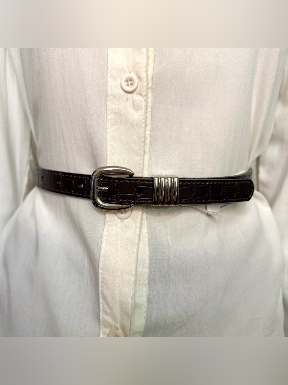 Chocolate brown croc embossed PU leather skinny belt with silver tone buckle